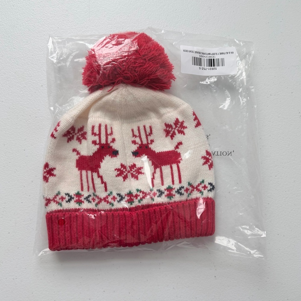 Hanna Andersson | Cream/Red Dear Deer Print Beanie Winter Hat Youth Small New - Picture 5 of 5